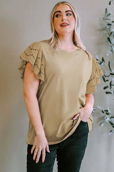 Plus Size Eyelet Round Neck Short Sleeve Blouse - Clothes For Her Online Store