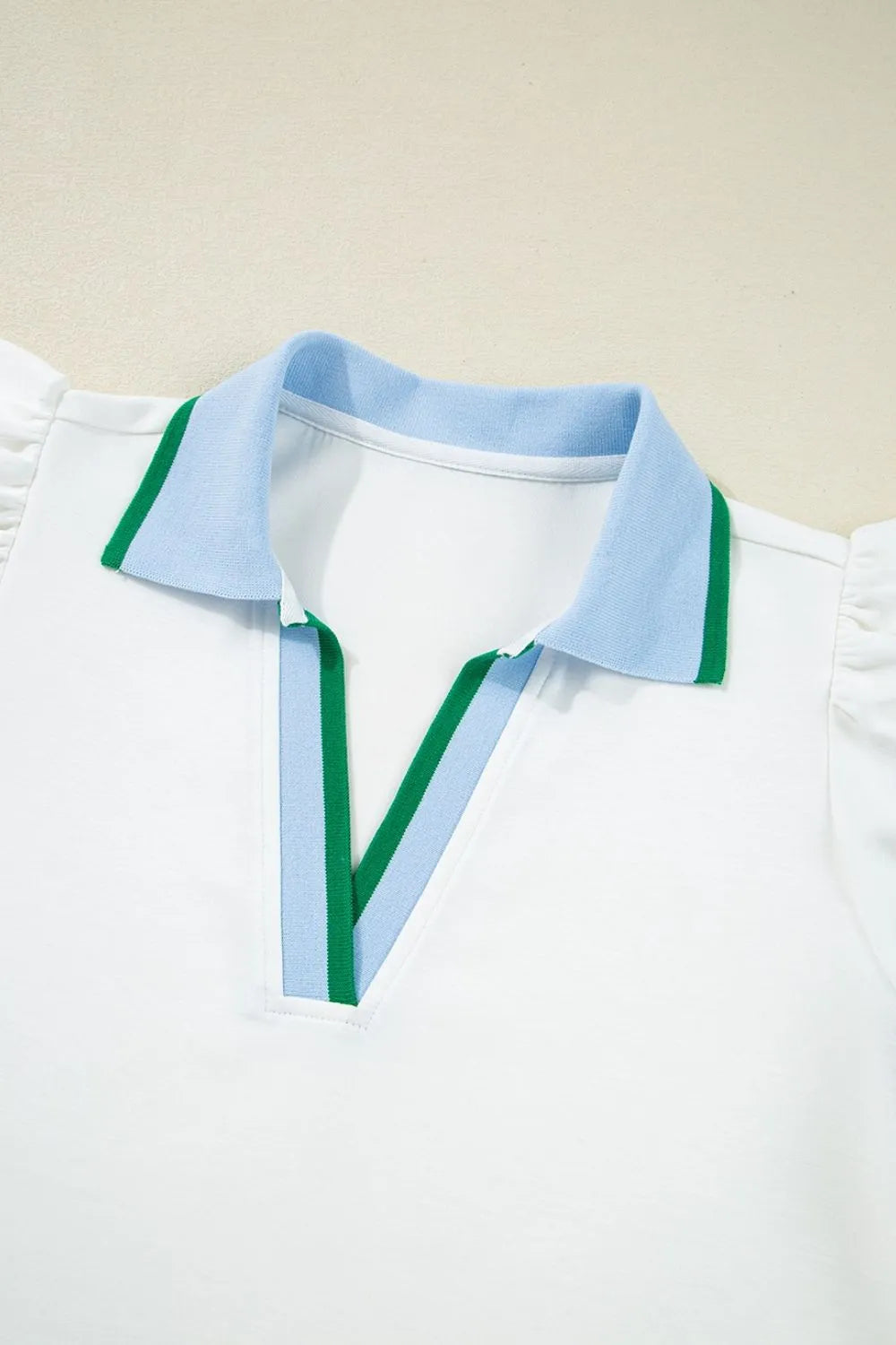 Contrast Ruffled Sleeve Collared V Neck Blouse