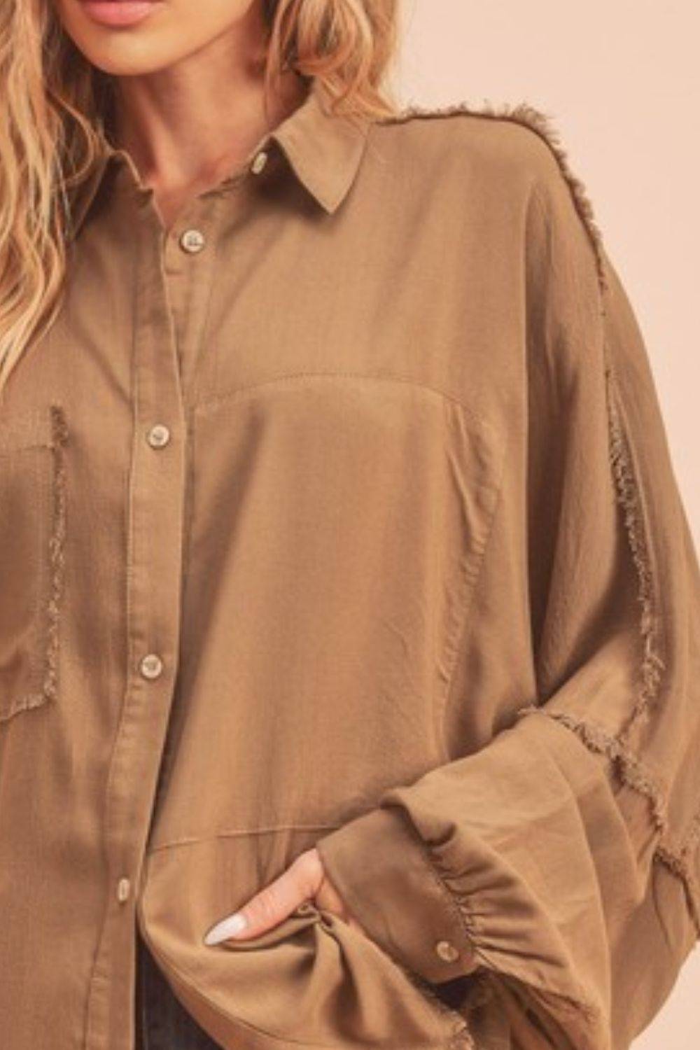Aemi + Co Raw Edge Exposed Seam Collared Neck Long Sleeve Shirt - Clothes For Her Online Store