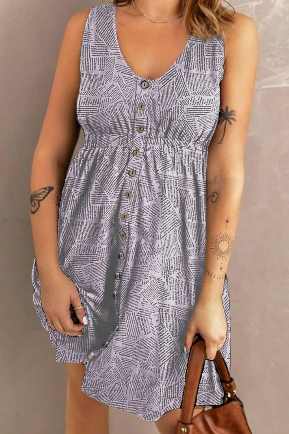 Double Take Printed Scoop Neck Sleeveless Buttoned Magic Dress with Pockets - Clothes For Her Online Store