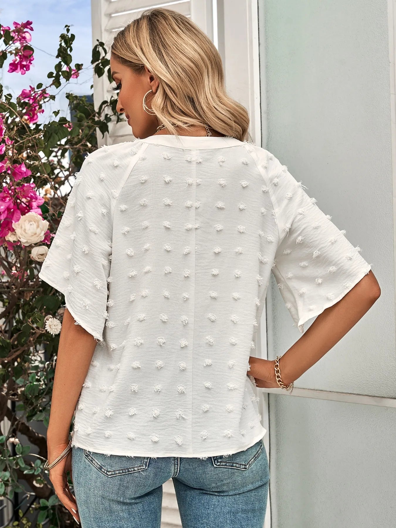 Swiss Dot Notched Half Se Blouse