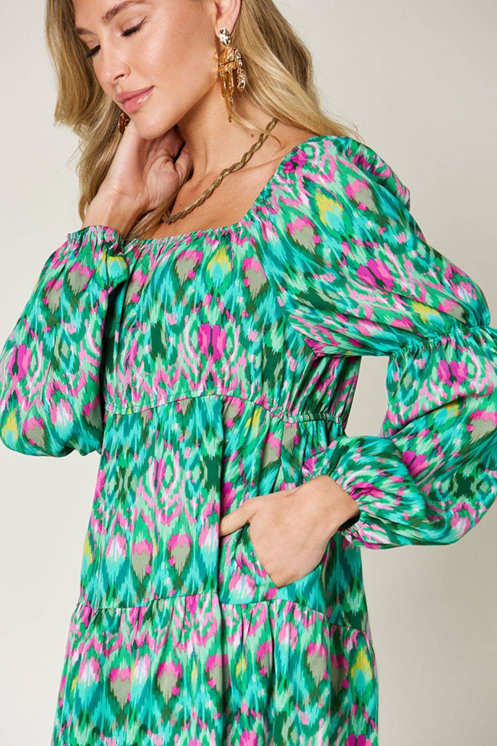 Double Take Full Size Printed Long Sleeve Dress - Clothes For Her Online Store