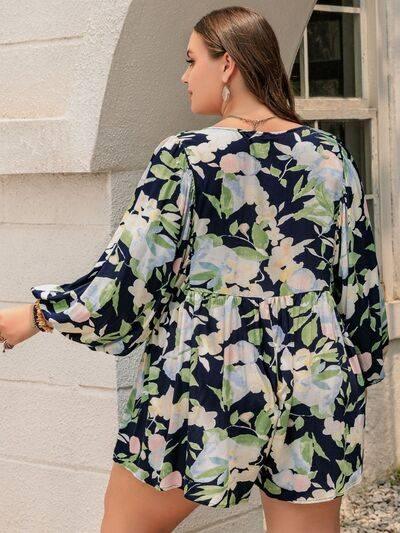 Plus Size Tied Printed Long Sleeve Romper - Clothes For Her Online Store