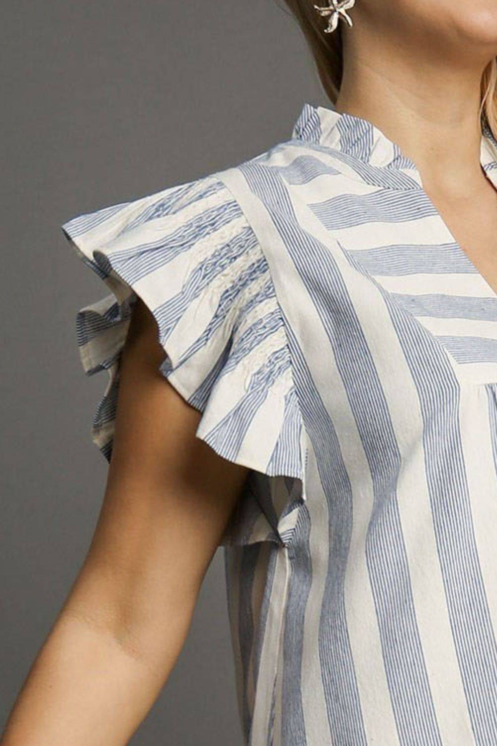 Umgee Full Size Striped Notched Ruffled Cap Sleeve Mini Dress Plus Size - Clothes For Her Online Store