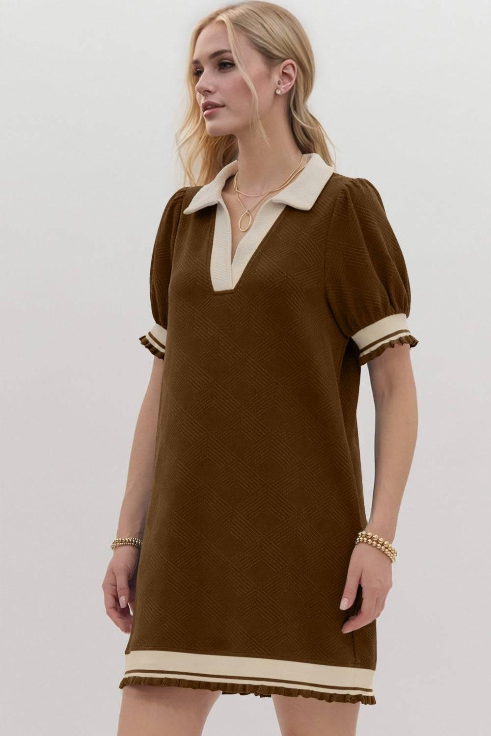Oh Frill Contrast Trim Johnny Collar Short Sleeve Mini Dress - Clothes For Her Online Store
