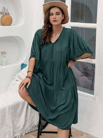 Plus Size Tie Neck Balloon Sleeve Midi Dress - Clothes For Her Online Store