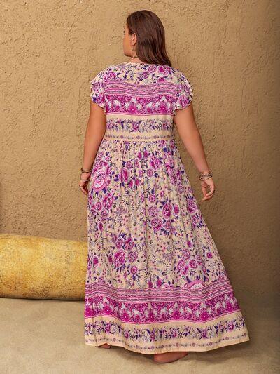 Plus Size Printed V-Neck Cap Sleeve Maxi Dress - Clothes For Her Online Store
