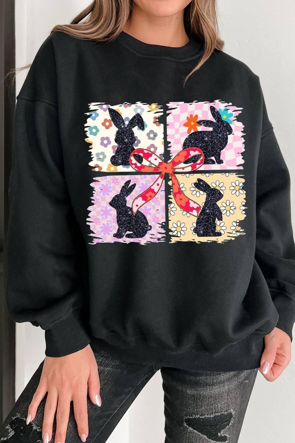Floral Bunny Plaid Bow Graphic Easter Sweatshirt - Clothes For Her Online Store