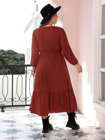 Plus Size Quarter Button V-Neck Long Sleeve Dress - Clothes For Her Online Store