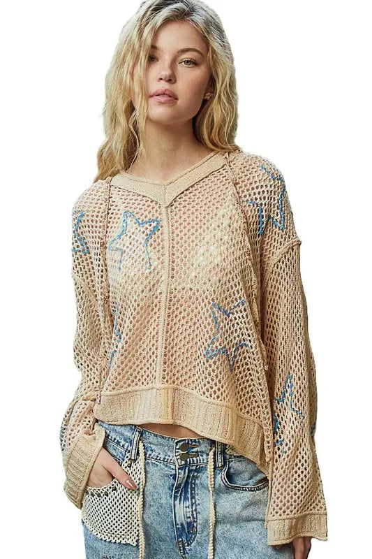 POL Star Openwork Long Sleeve Hooded Knit Cover Up