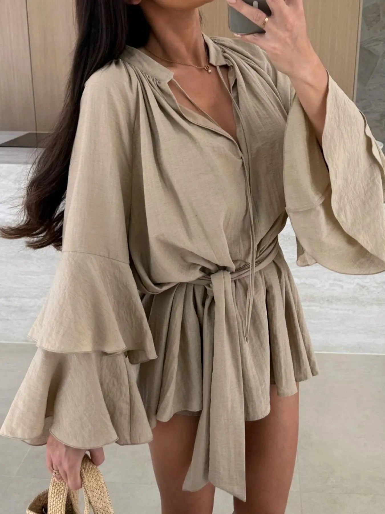 Bell Sleeve Tie Waist Mini Shirt Dress