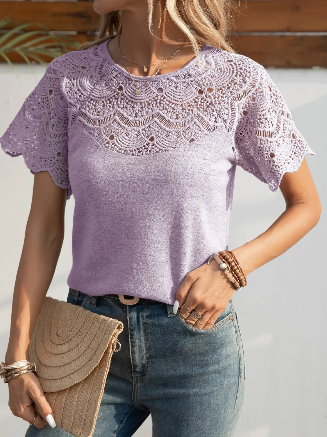 Round Neck Short Sleeve Crochet Top