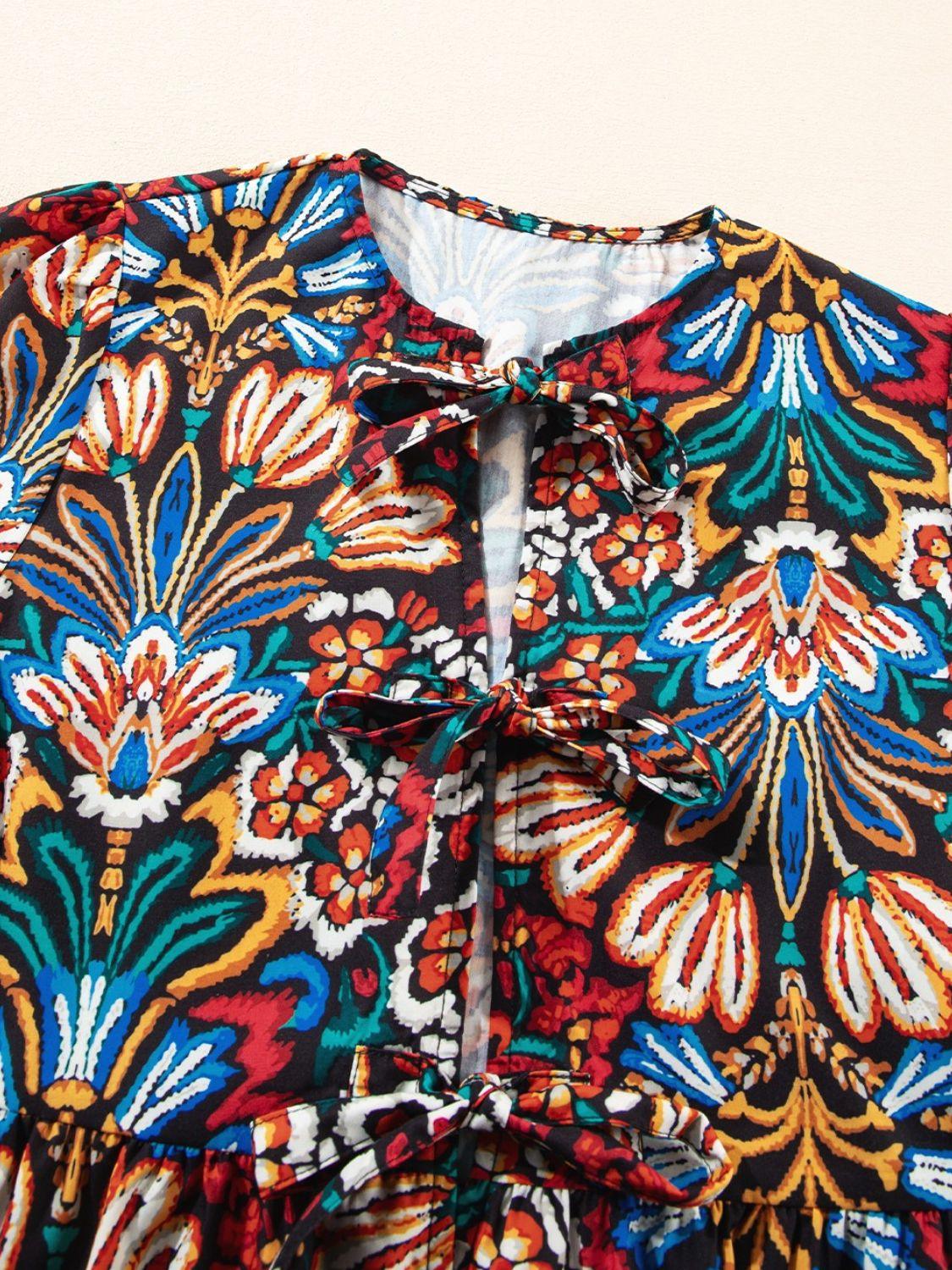 Tropical Print Puff Sleeve Knot Front Blouse - Clothes For Her Online Store