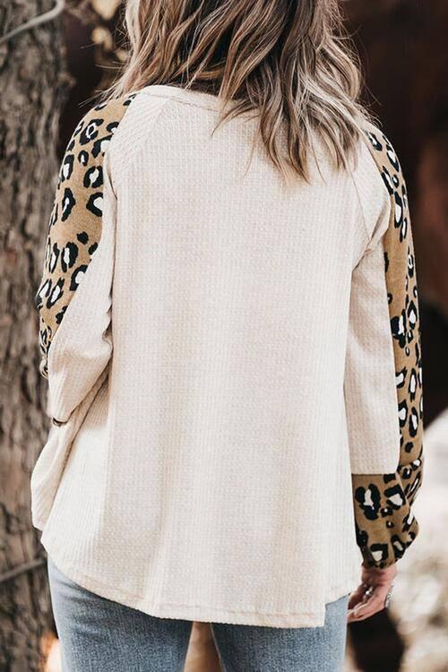 Plus Size Leopard V-Neck Raglan Sleeve Blouse - Clothes For Her Online Store