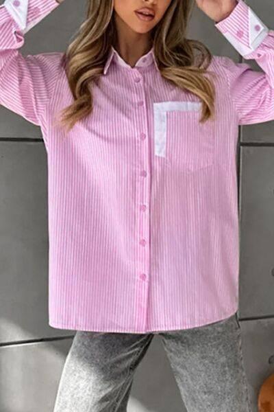 Striped Collared Neck Long Sleeve Shirt - Clothes For Her Online Store