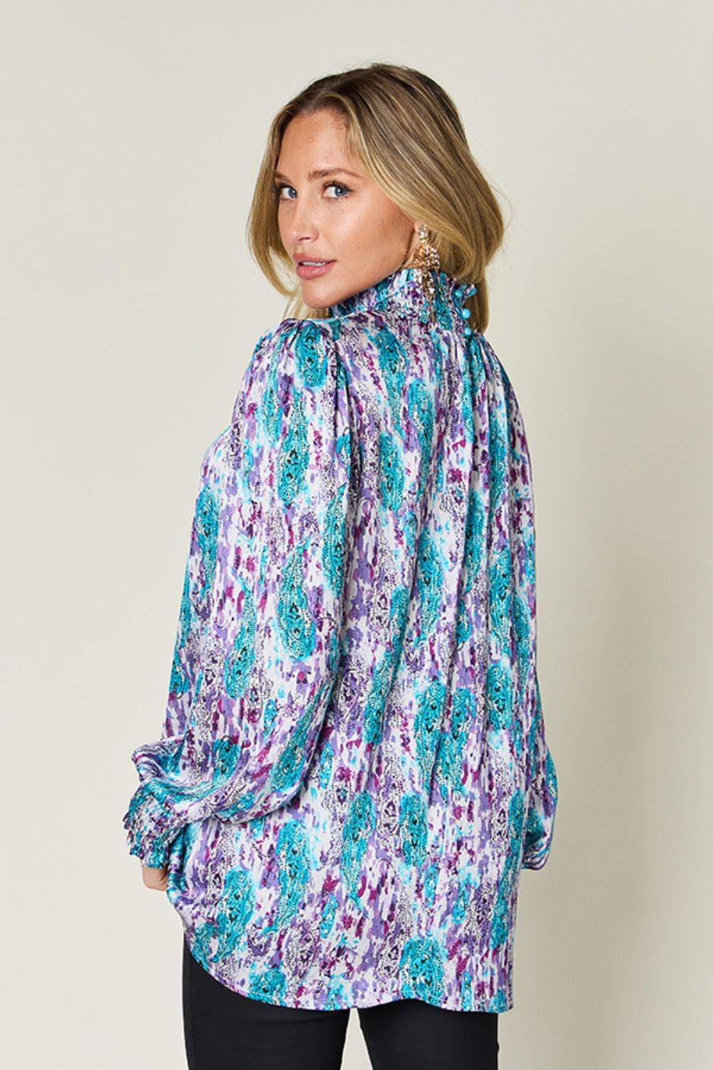 Double Take Full Size Printed Smocked Long Sleeve Blouse - Clothes For Her Online Store