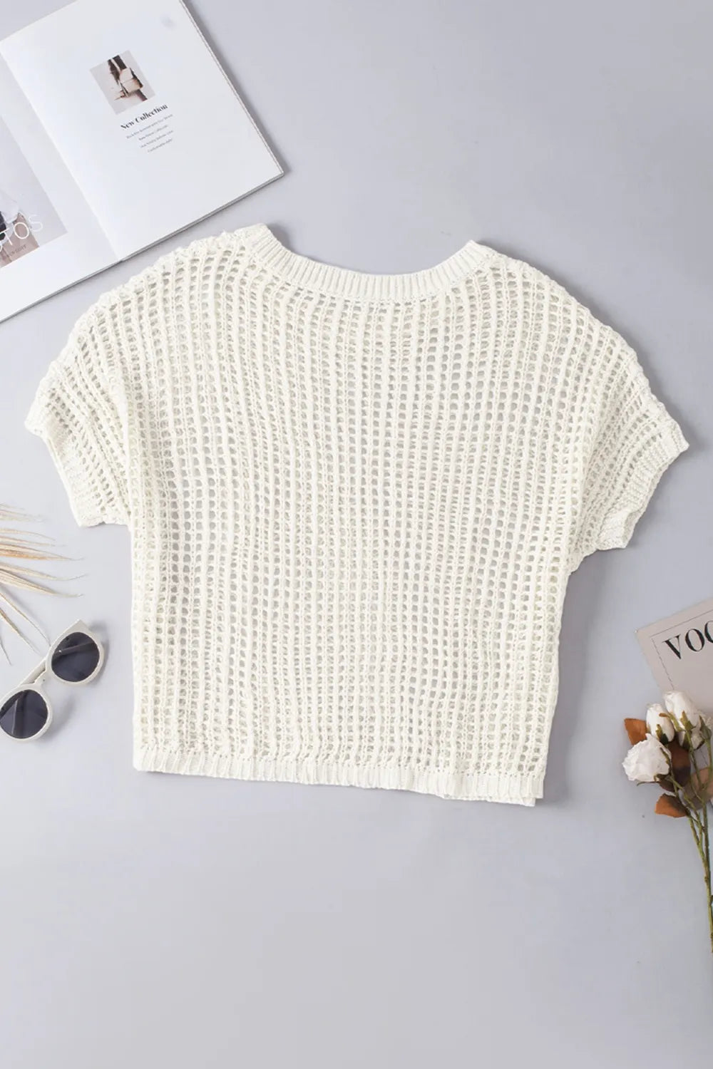 Openwork Round Neck Half Sleeve Knit Cover Up