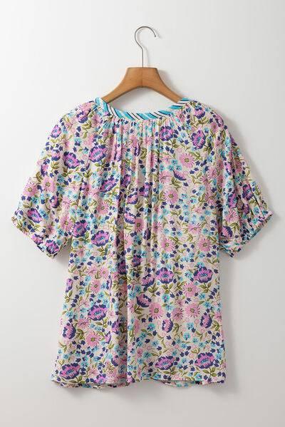 Floral Tie Neck Half Sleeve Blouse - Clothes For Her Online Store