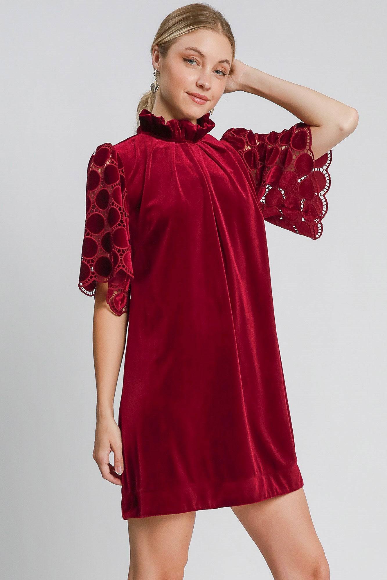 Umgee Dotted Lace Half Sleeve Mock Neck Back Tie Velvet Dress - Clothes For Her Online Store