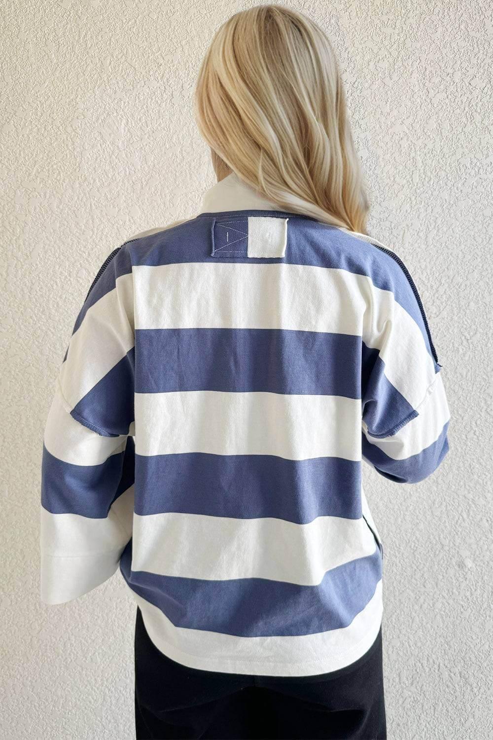 Oh Pima Cotton Wash Striped Half Zip Mock Neck Long Sleeve Top - Clothes For Her Online Store