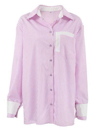 Striped Collared Neck Long Sleeve Shirt - Clothes For Her Online Store