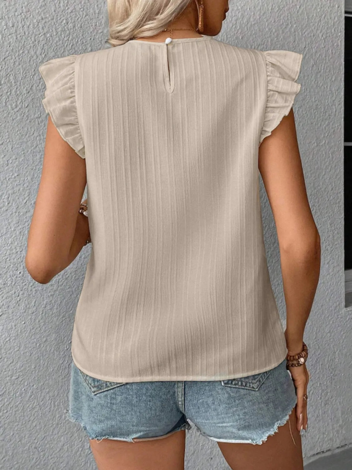 Ruffled Round Neck Cap Sleeve Blouse