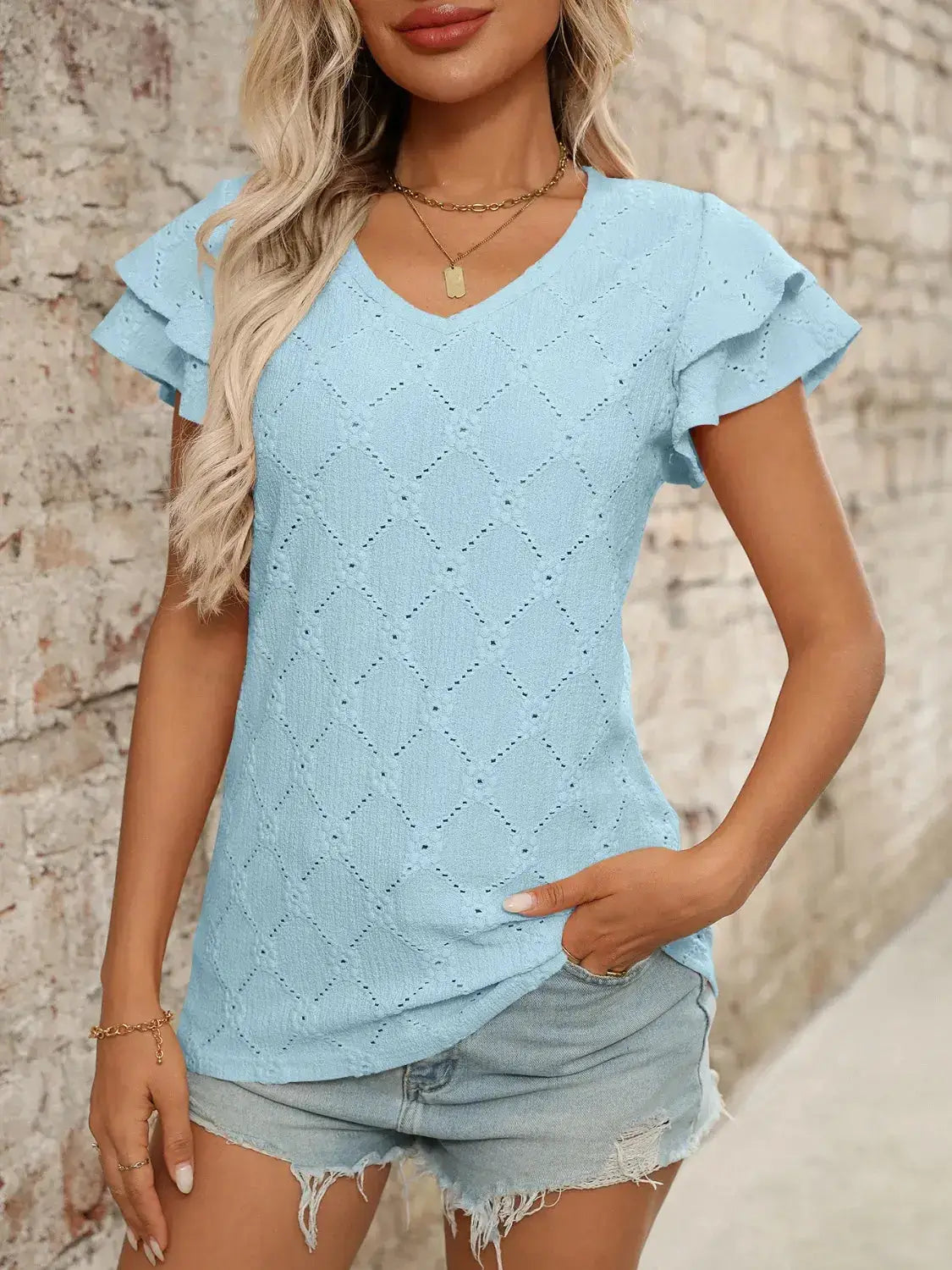 Eyelet V-Neck Ruffled Cap Sleeve Top - Clothes For Her Online Store
