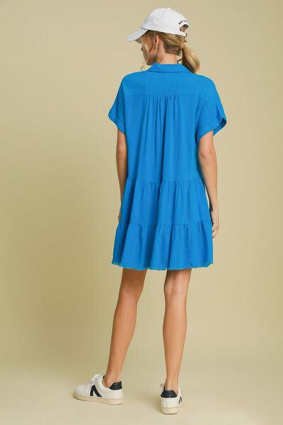 Umgee Full Size Raw Hem Folded Sleeve Tiered Dress Plus Size - Clothes For Her Online Store