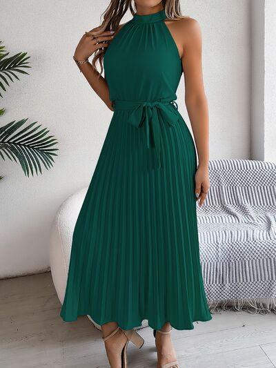 Grecian Neck Tie Waist Pleated Dress - Clothes For Her Online Store