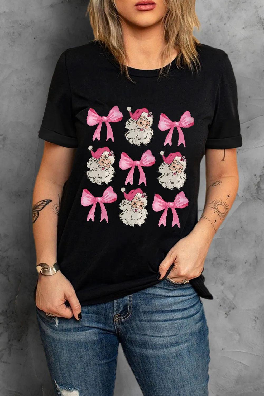 Santa & Bow Graphic Round Neck Short Sleeve T-Shirt - Clothes For Her Online Store