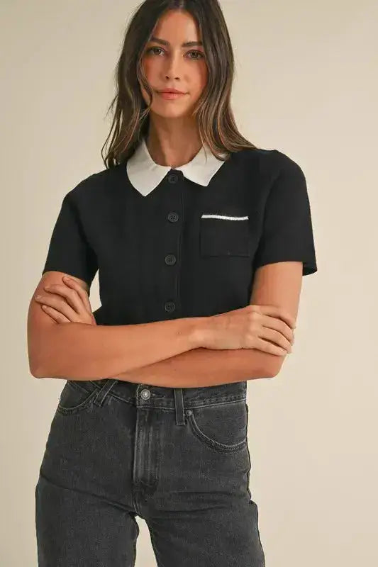 MABLE Button Down Contrast Collared Knit Cardigan - Clothes For Her Online Store