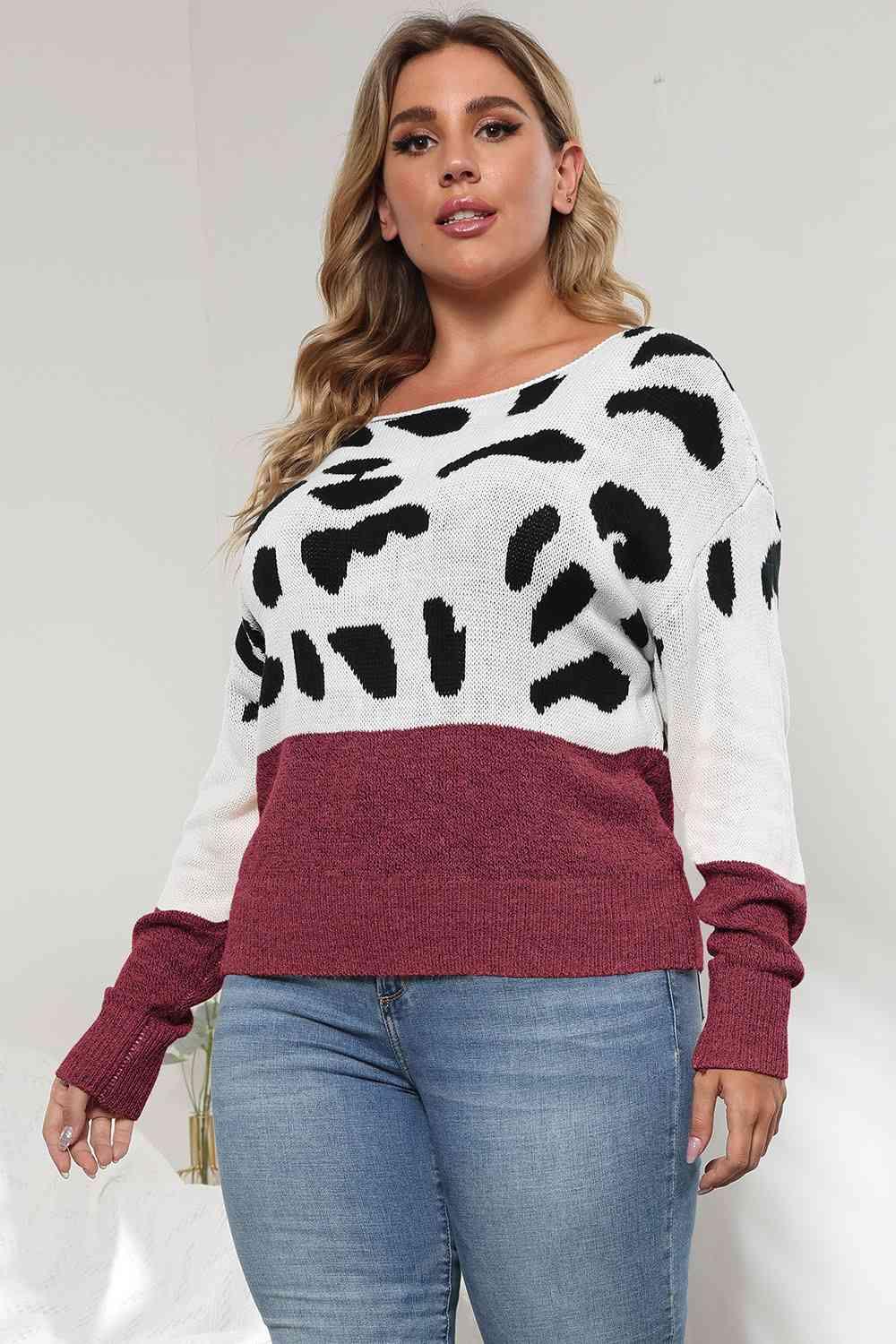 Plus Size Leopard Round Neck Long Sleeve Sweater - Clothes For Her Online Store
