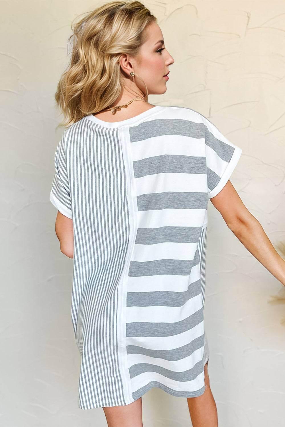 Oh Full Size Striped Round Neck Short Sleeve Mini Tee Dress - Clothes For Her Online Store