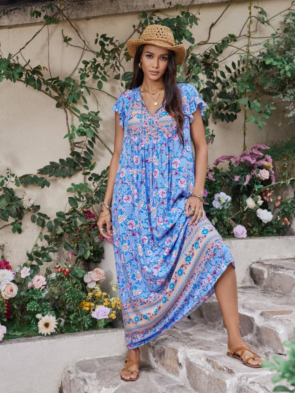 Ruffled Printed Tie Neck Cap Sleeve Dress - Clothes For Her Online Store
