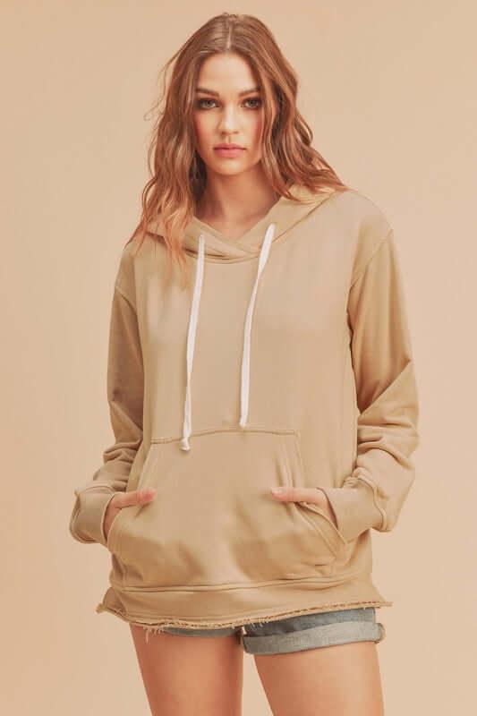 Aemi + Co Raw Hem Kangaroo Pocketed Drawstring Hoodie - Clothes For Her Online Store