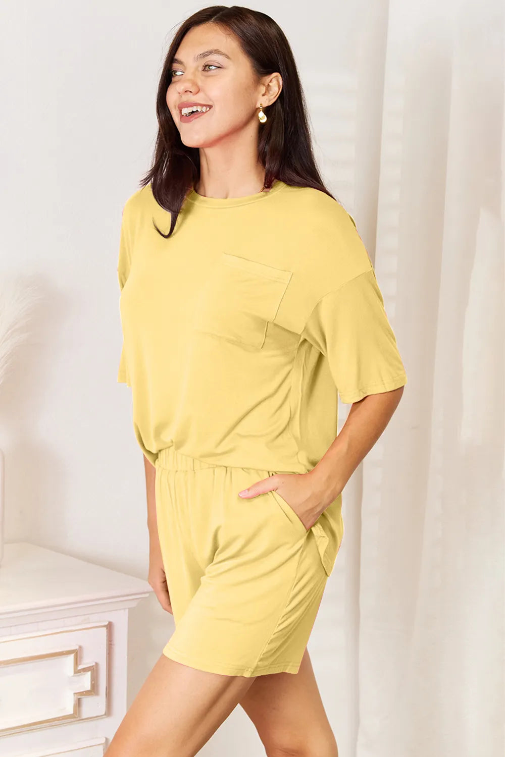 Basic Bae Bamboo Full Size Round Neck Drop Shoulder T-Shirt and Shorts Set - Clothes For Her Online Store