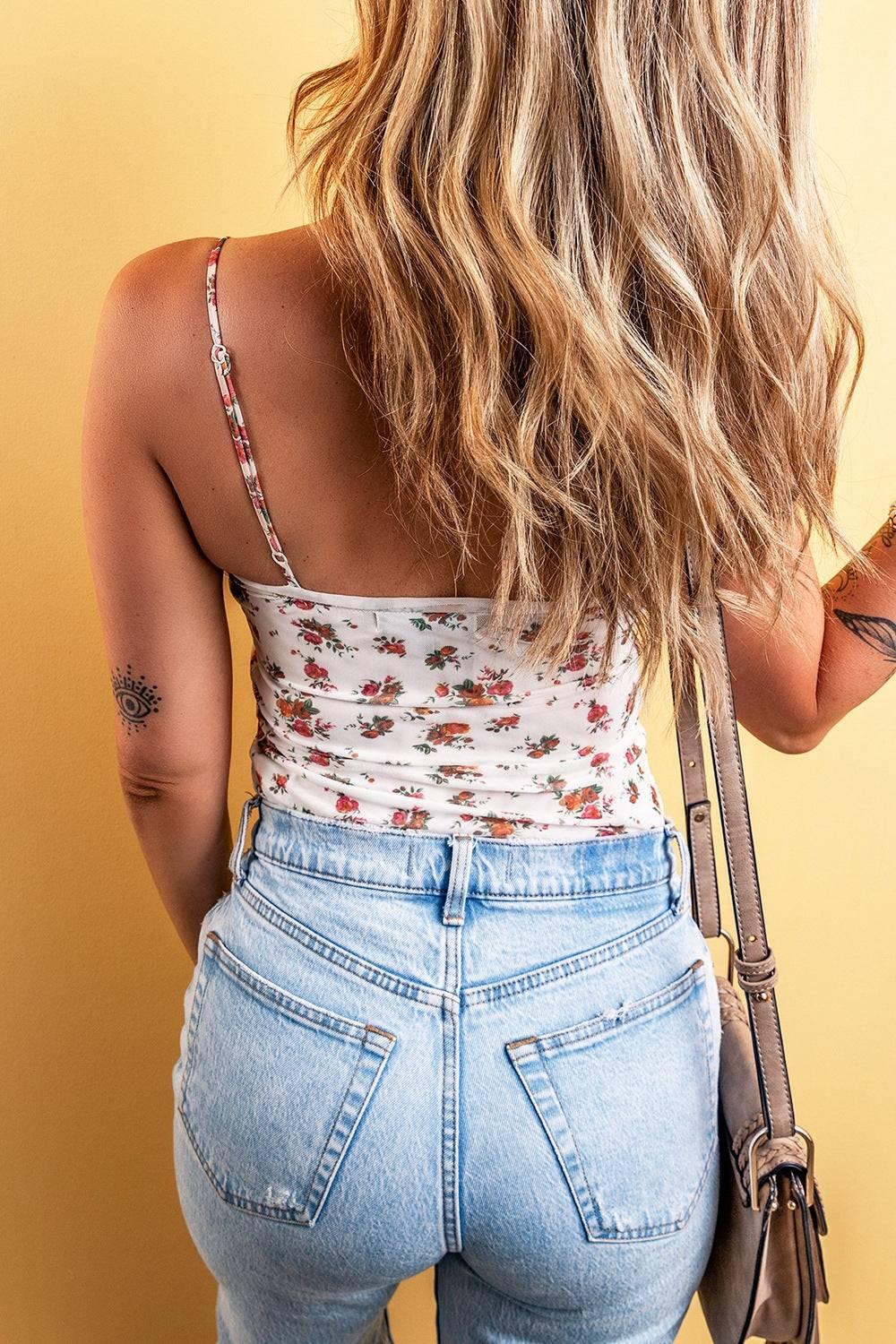 Floral Frilled Trim Spaghetti Straps Bodysuit - Clothes For Her Online Store