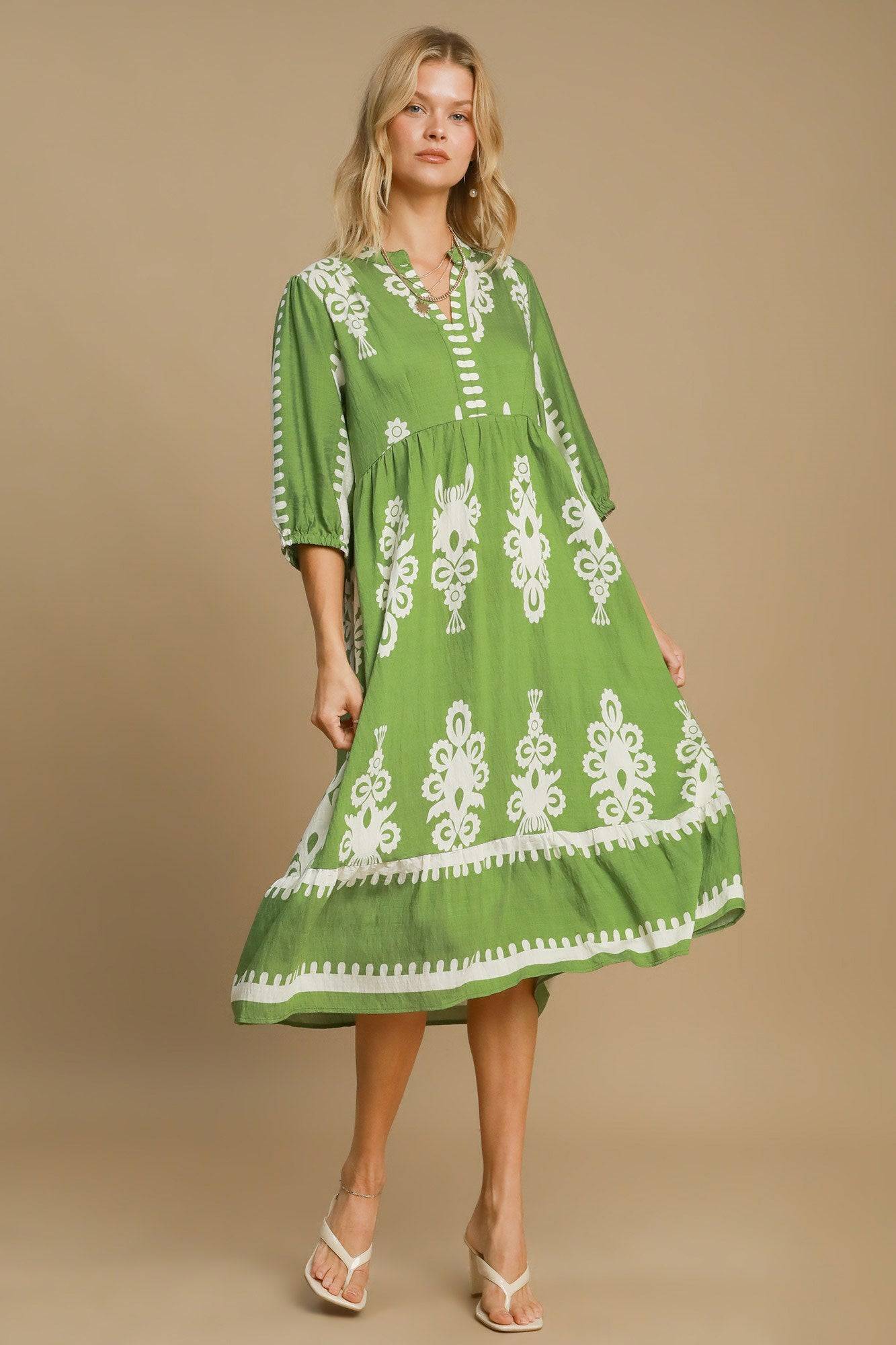 Umgee Printed Notched Midi Dress - Clothes For Her Online Store