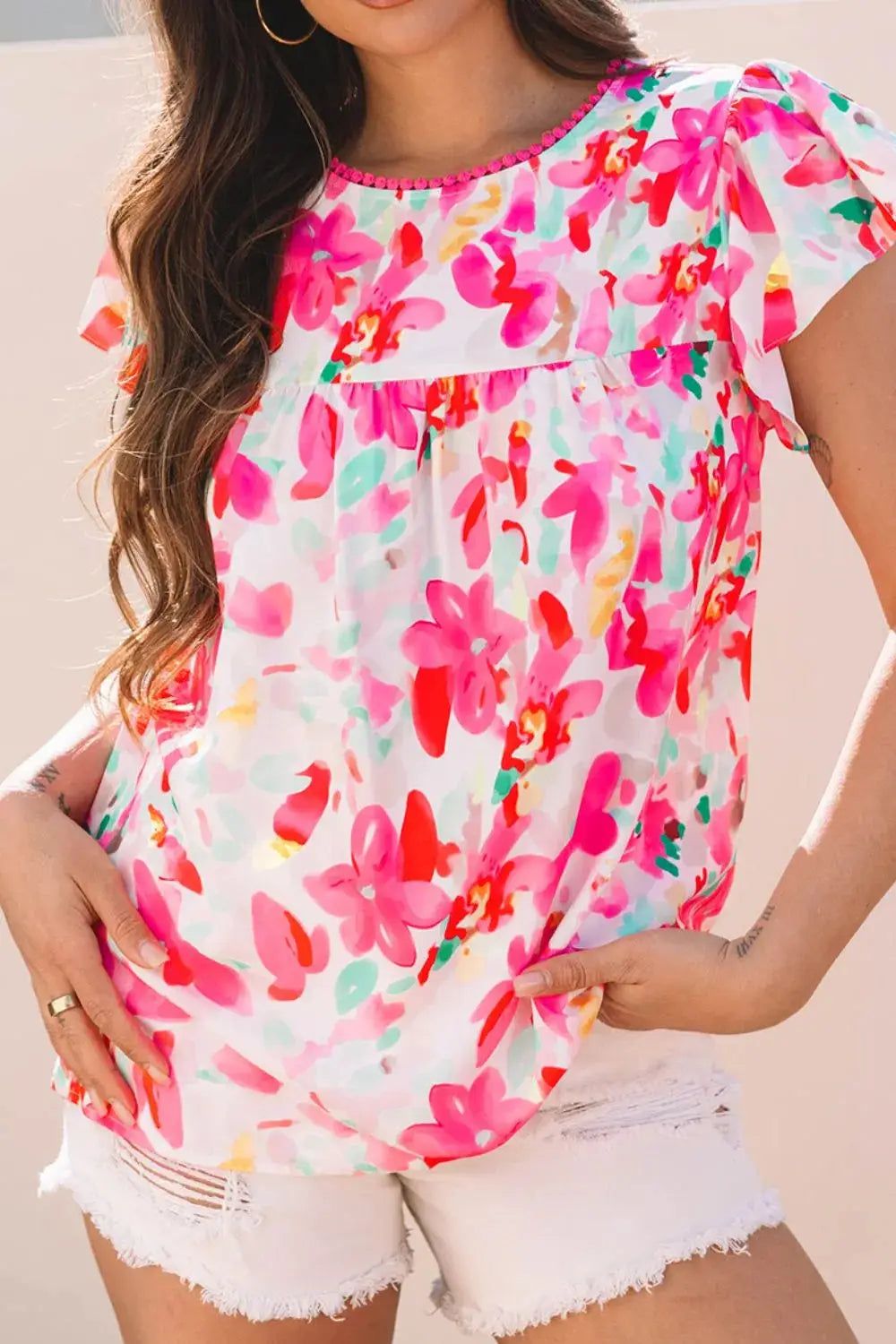 Floral Print Ruffle Sleeve Round Neck Blouse - Clothes For Her Online Store