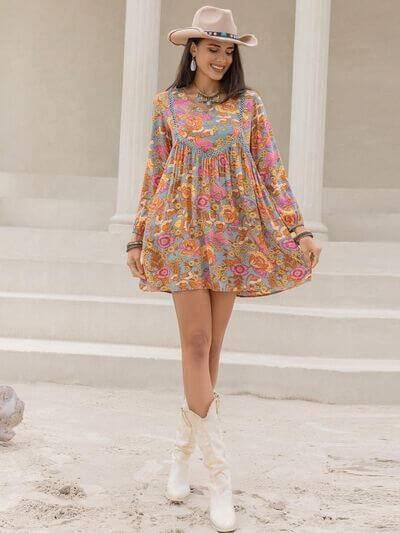 Printed V-Neck Balloon Sleeve Mini Dress - Clothes For Her Online Store