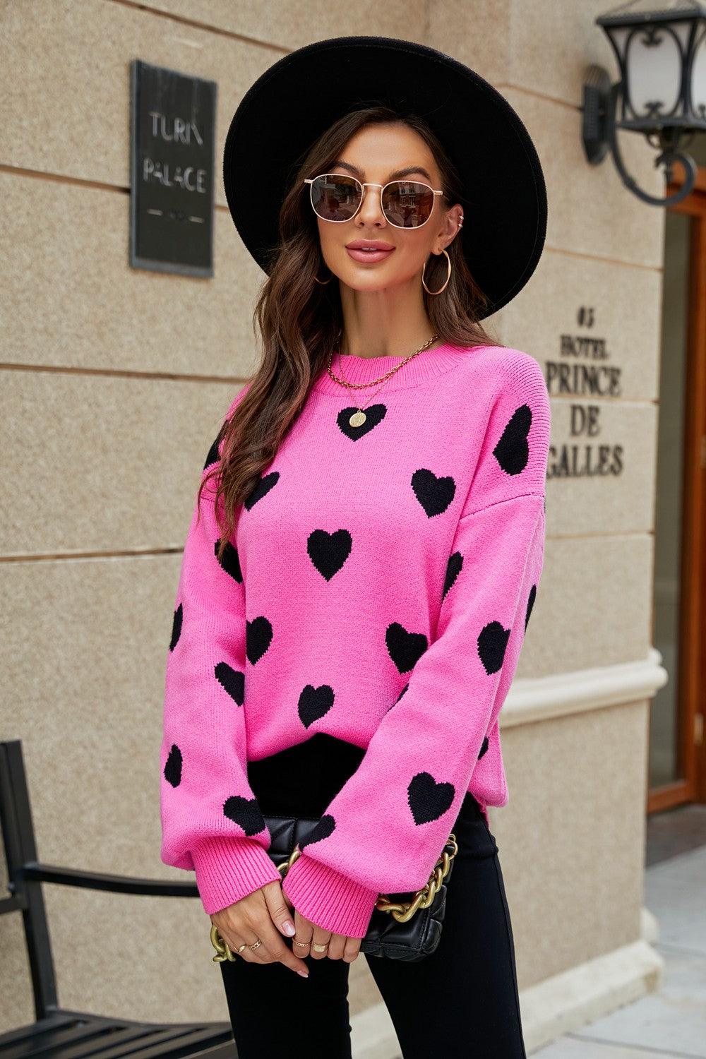 Woven Right Heart Pattern Lantern Sleeve Round Neck Tunic Sweater - Clothes For Her Online Store
