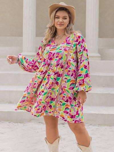Plus Size Printed V-Neck Balloon Sleeve Mini Dress - Clothes For Her Online Store