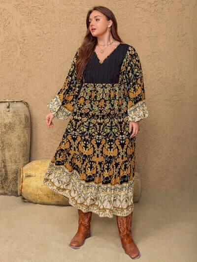 Plus Size Floral V-Neck Balloon Sleeve Midi Dress - Clothes For Her Online Store