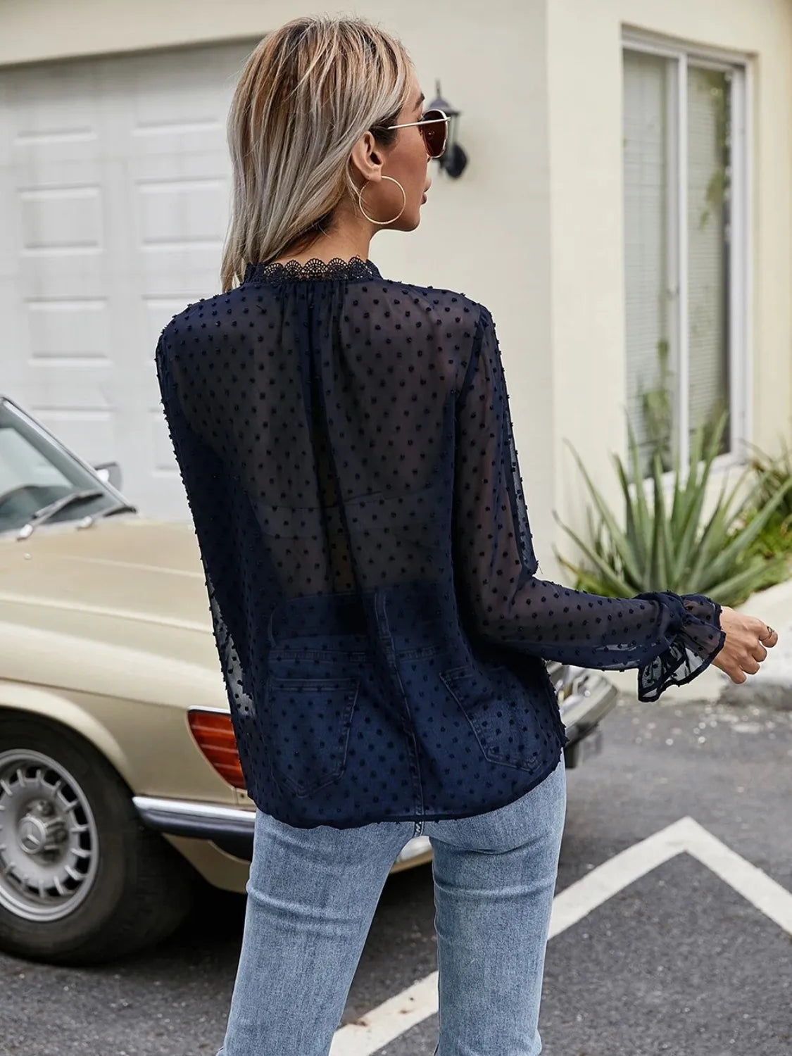 Lace Detail V-Neck Swiss Dot Blouse