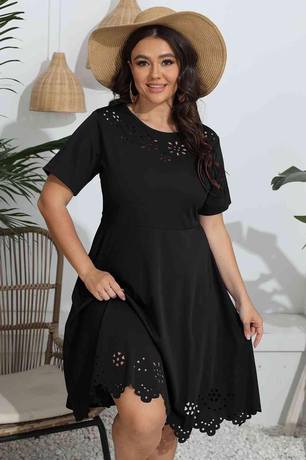 Plus Size Round Neck Openwork Dress - Clothes For Her Online Store