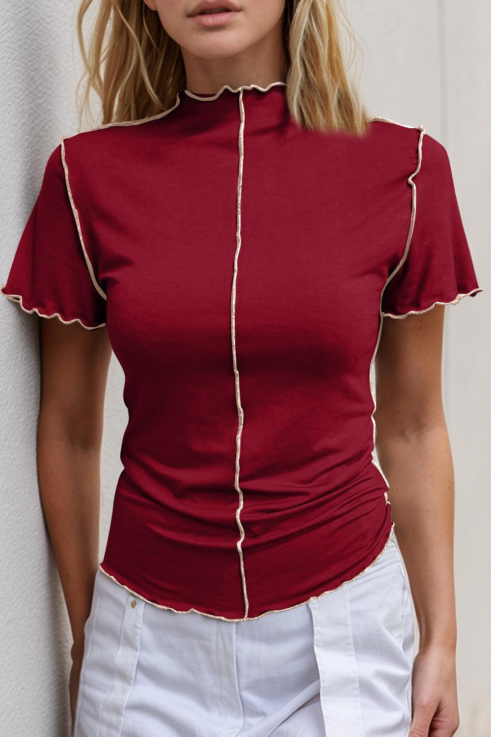 Basic Bae Contrast Trim Mock Neck Short Sleeve T-Shirt - Clothes For Her Online Store