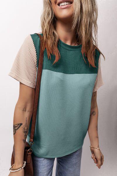 Color Block Round Neck Short Sleeve T-Shirt - Clothes For Her Online Store
