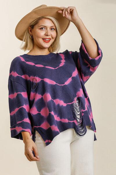 Umgee Full Size Tie Dye Side Slit Round Neck Distressed Detail Sweater Plus Size - Clothes For Her Online Store