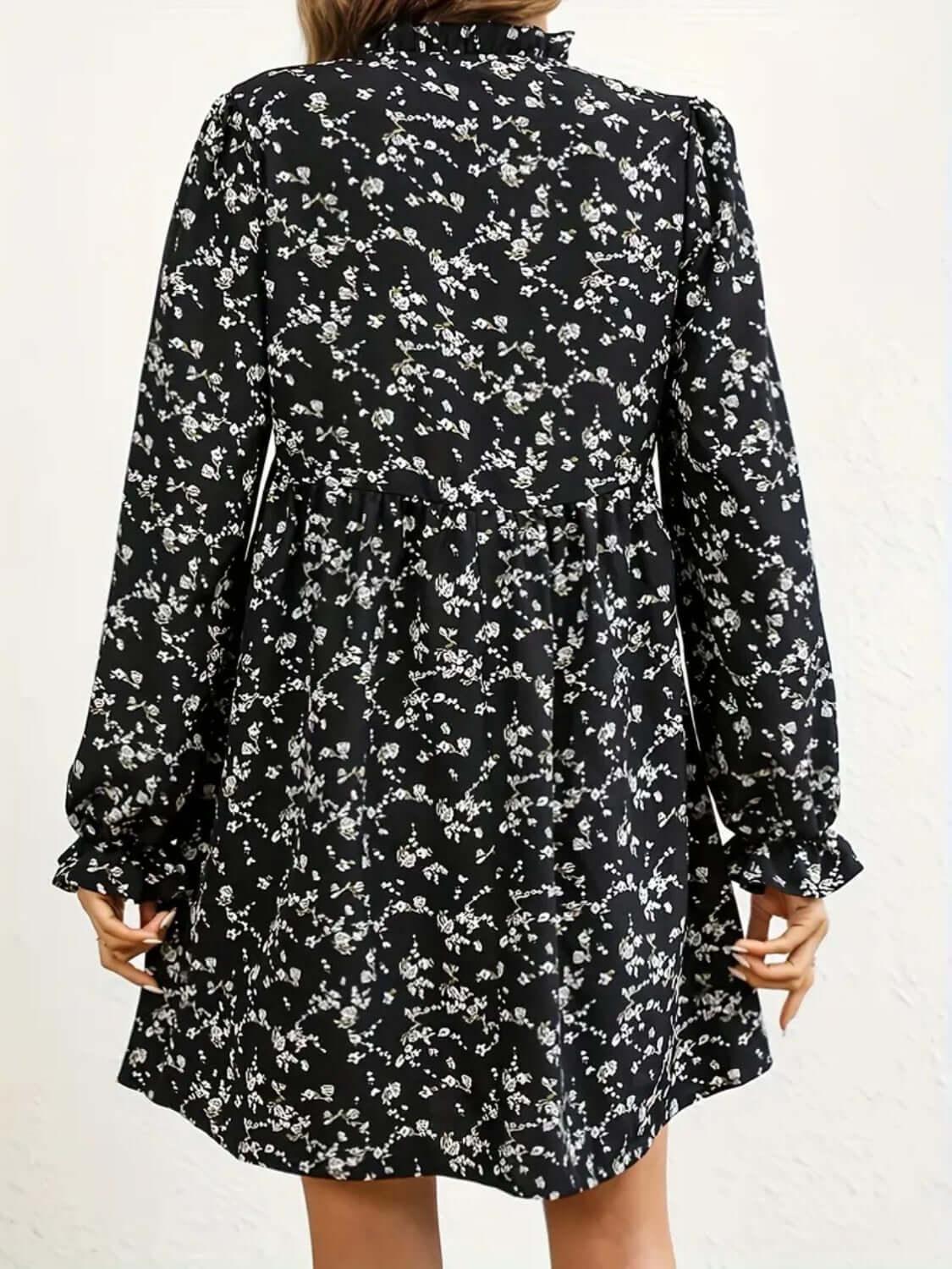 Ditsy Floral Notched Flounce Sleeve Dress - Clothes For Her Online Store