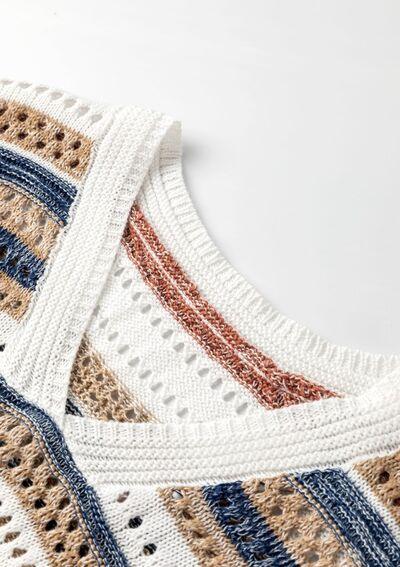 Striped Hollow Out Half Sleeve Knit Top - Clothes For Her Online Store